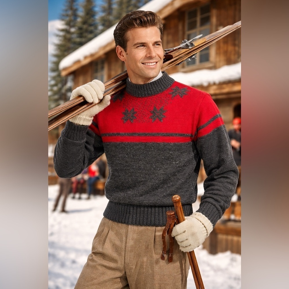 Vintage 1950’s Men’s Fashion Hill Nordic Ski Sweater 100% Virgin Wool Red Gray